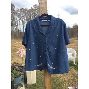 Vtg Lemon Grass womens denim shirt plus size 22W 22 embroidered floral modest